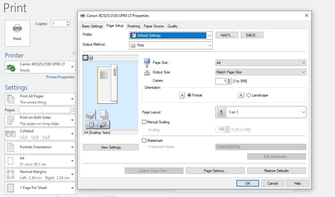 Hộp thoại Thuộc tính Máy in trong Microsoft Word, với tab Thiết lập Trang và tùy chọn &quot;Tỷ lệ thủ công&quot; được đánh dấu để khắc phục lỗi in thu nhỏ.