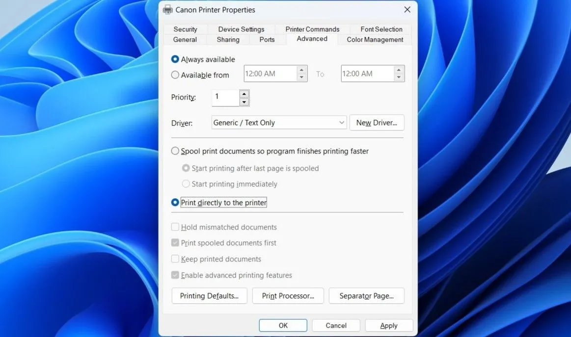 Hộp thoại &quot;Thuộc tính Máy in&quot; trong Windows, với tab &quot;Nâng cao&quot; (Advanced) và tùy chọn &quot;In trực tiếp đến máy in&quot; (Print directly to the printer) để tăng hiệu suất in.
