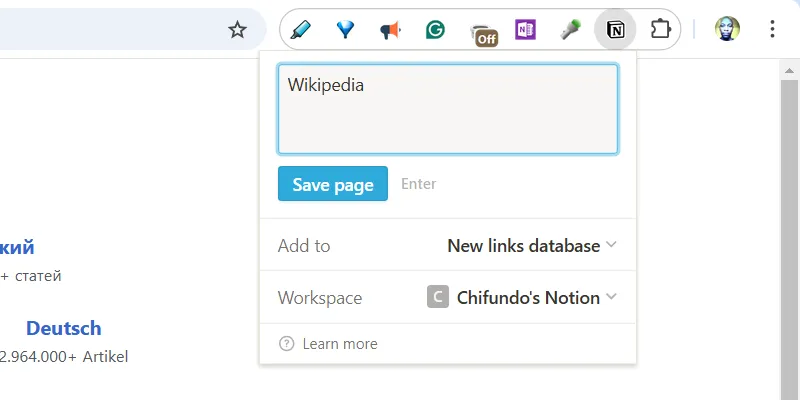 Hộp thoại tiện ích Notion Web Clipper trên trình duyệt, hiển thị tùy chọn lưu trang web vào Notion.