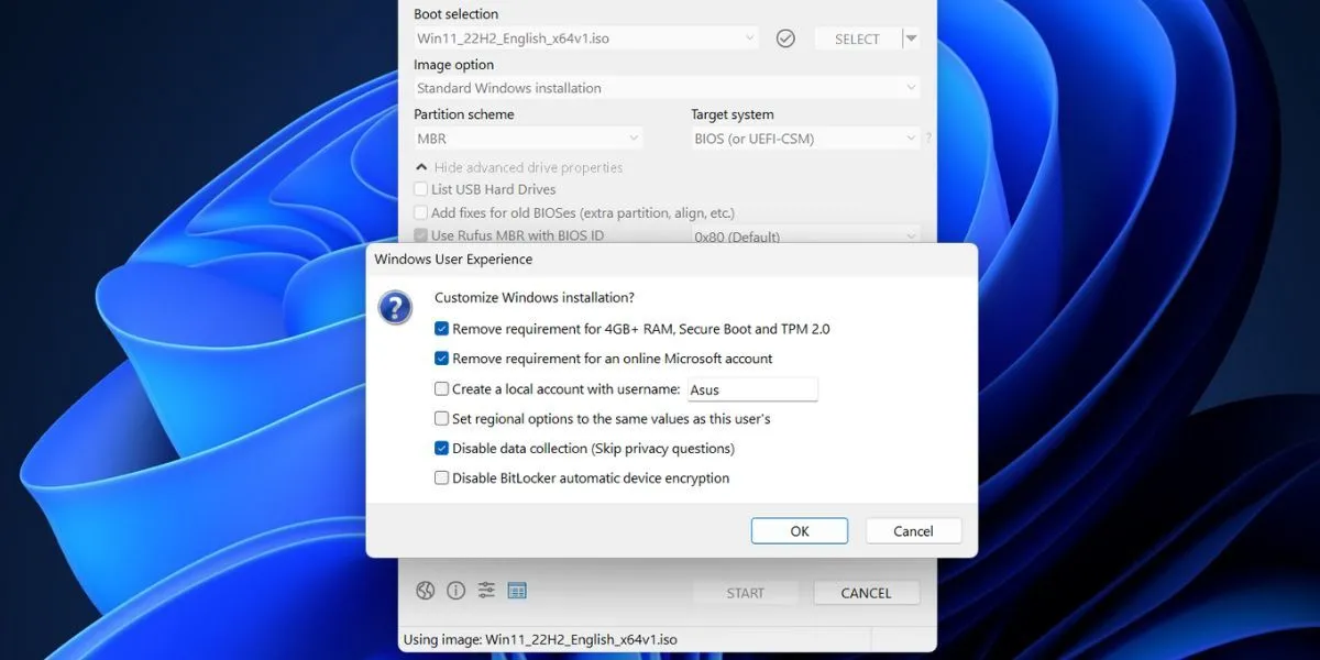 Hộp thoại tùy chỉnh trải nghiệm người dùng Windows trong Rufus, cho phép bỏ qua yêu cầu TPM và tài khoản Microsoft