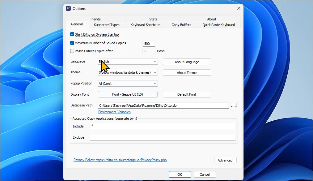 Hộp thoại tùy chọn của Ditto Clipboard Manager trên Windows 11 hiển thị các cài đặt nâng cao.