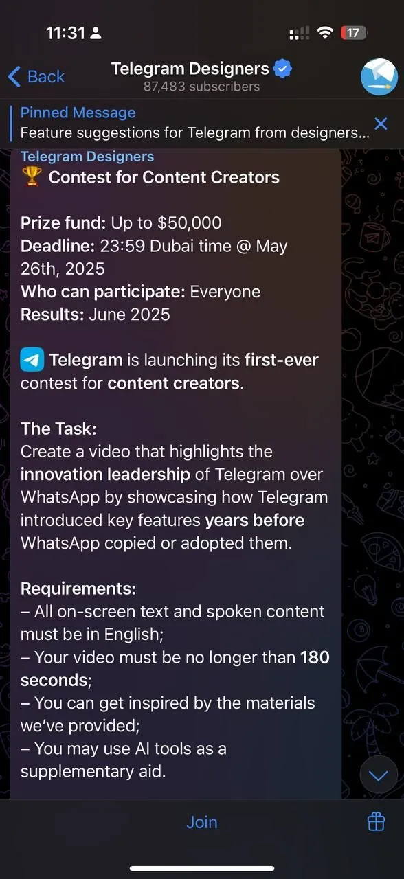 Hướng dẫn cuộc thi "Thách thức WhatsApp" của Telegram trên kênh chính thức