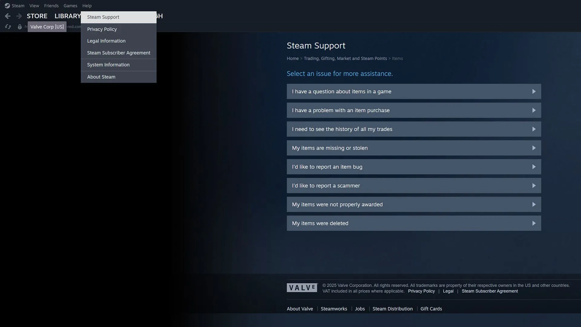 Hướng dẫn điều hướng đến bộ phận Hỗ trợ Steam cho giao dịch Chợ Cộng đồng