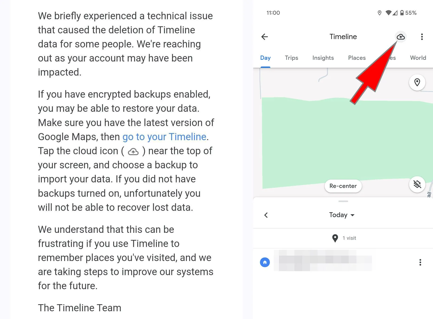 Hướng dẫn khôi phục dữ liệu Timeline trên Google Maps với biểu tượng đám mây.