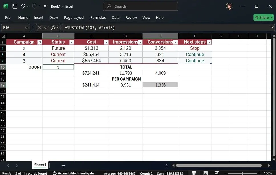 Hướng dẫn sử dụng hàm SUBTOTAL để đếm các ô trong bảng dữ liệu Excel