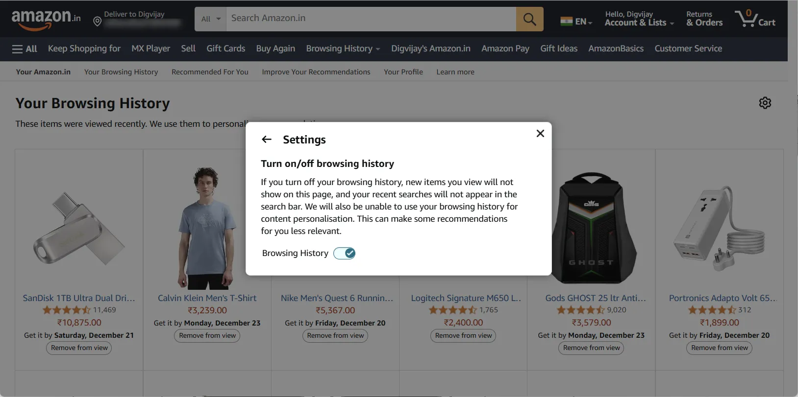Hướng dẫn tắt lịch sử duyệt Amazon từ trang cài đặt