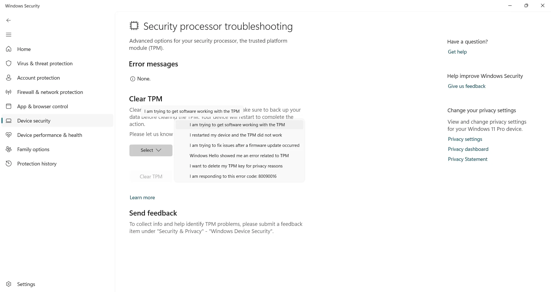 Hướng dẫn xóa hoặc đặt lại TPM (Trusted Platform Module) trong phần khắc phục sự cố bộ xử lý bảo mật của Windows 11.