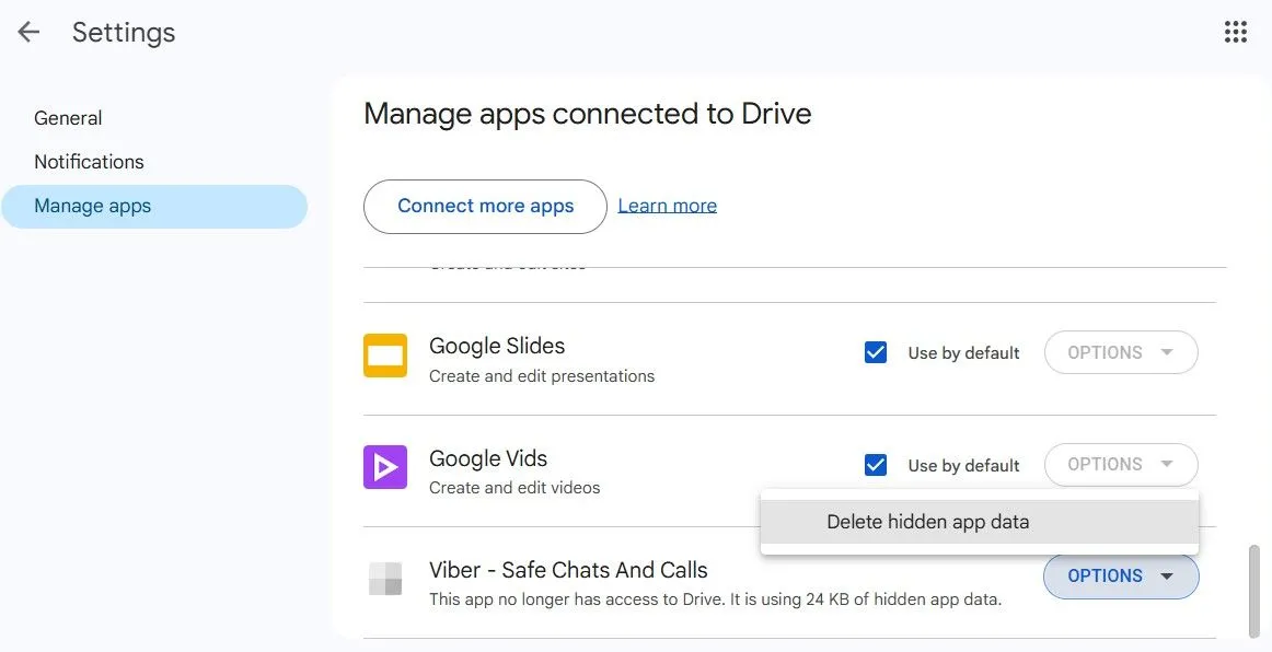 Hủy dữ liệu ứng dụng và trò chơi ẩn trong Google Drive