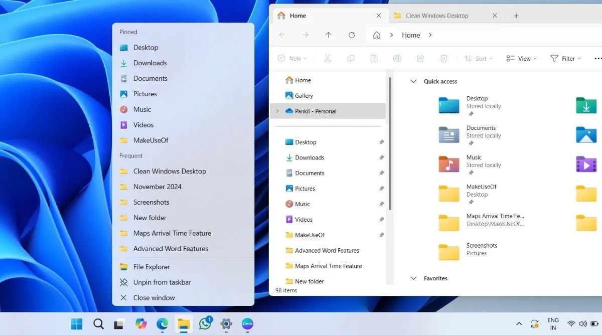 Jump List của Taskbar và File Explorer đang mở trên màn hình desktop Windows