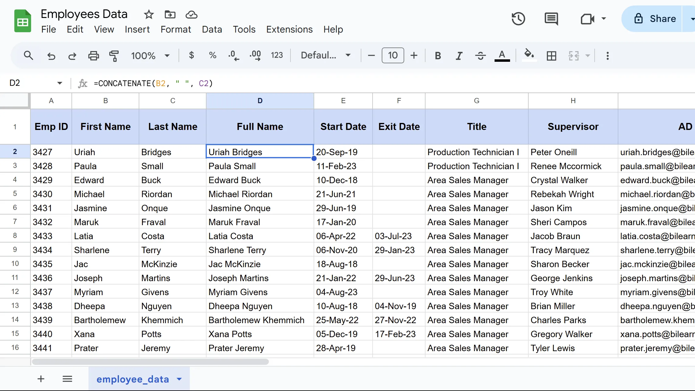Kết quả của hàm CONCATENATE khi ghép tên và họ trong Google Sheets