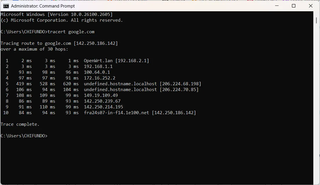 Kết quả hiển thị từ lệnh tracert google.com trên Command Prompt, cho thấy đường đi của gói dữ liệu đến máy chủ Google.