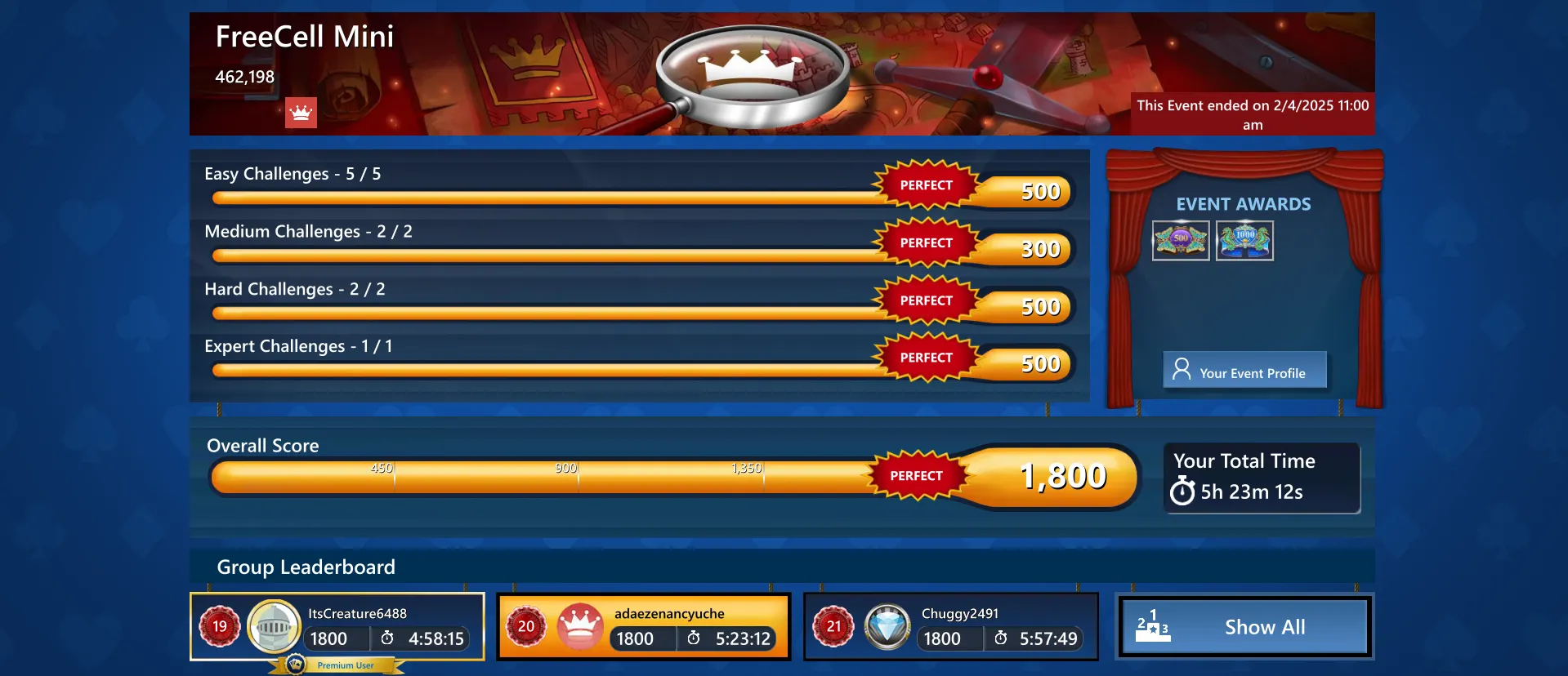 Kết quả một sự kiện hàng ngày trong Microsoft Solitaire trên PC, cho thấy người chơi có thể thành công mà không cần gói Premium.