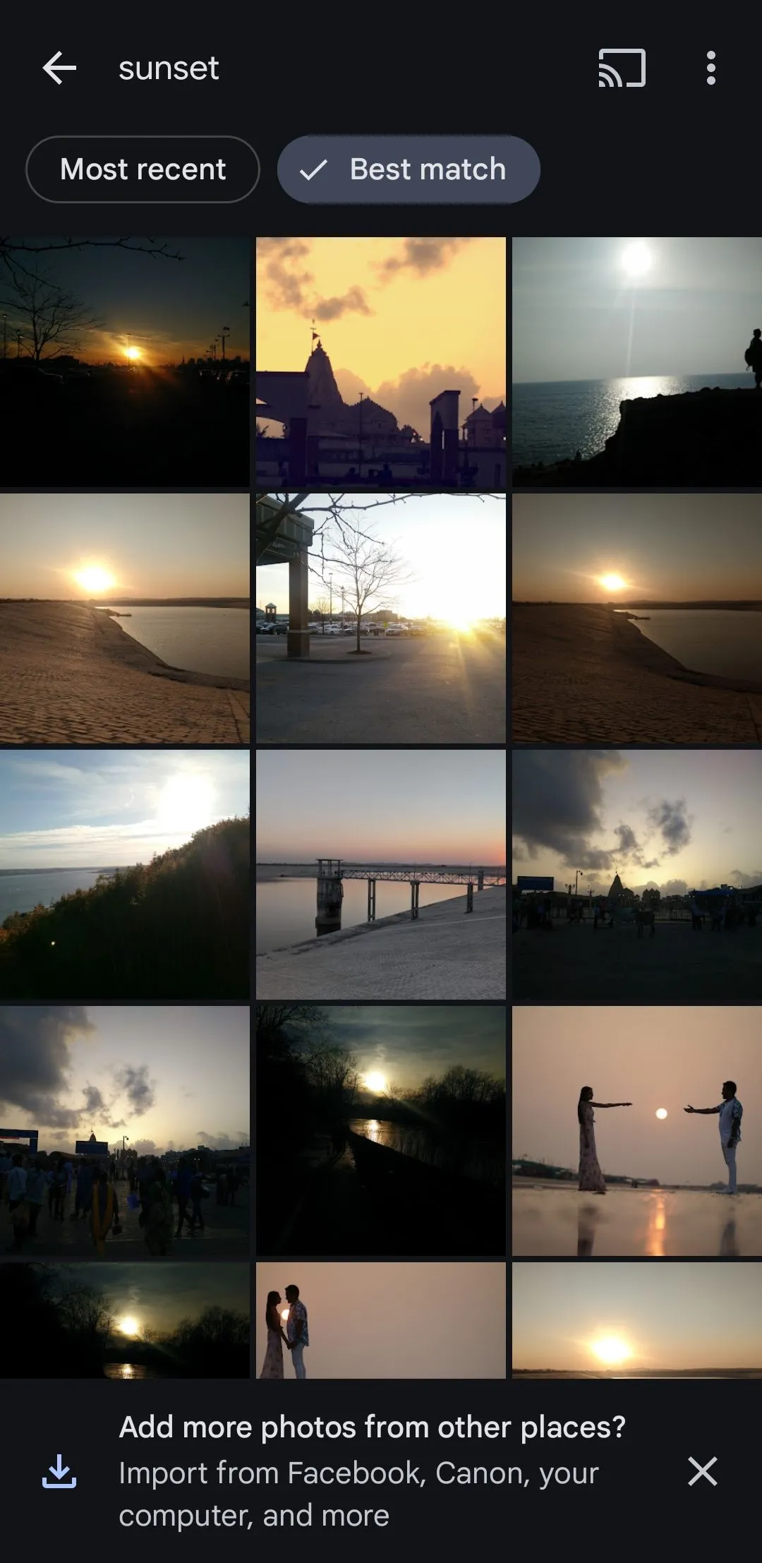 Kết quả tìm kiếm ảnh hoàng hôn trong Google Photos