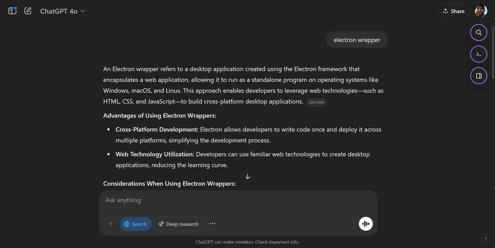 Kết quả tìm kiếm chi tiết về "Electron wrappers" của ChatGPT Search, thể hiện khả năng cung cấp thông tin chuyên sâu.
