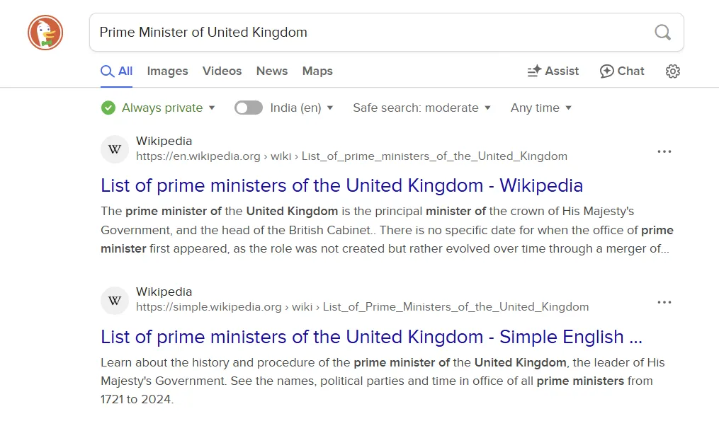Kết quả tìm kiếm của DuckDuckGo cho truy vấn &quot;Prime Minister of the Kingdom&quot; chỉ hiển thị các liên kết website