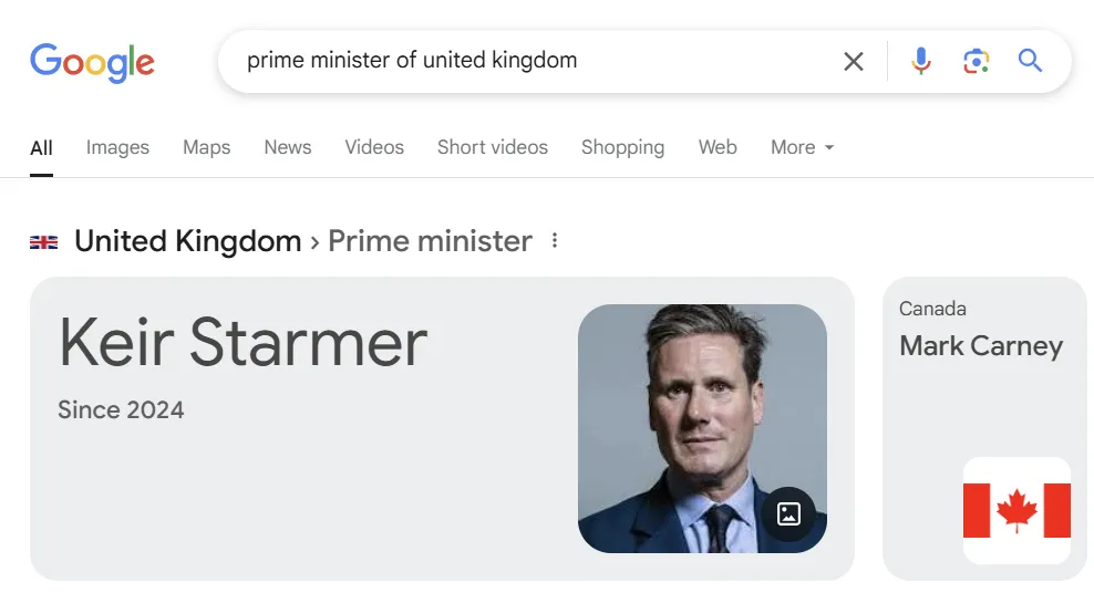 Kết quả tìm kiếm của Google cho truy vấn &quot;Prime Minister of the United Kingdom&quot; hiển thị đoạn trích nổi bật cung cấp câu trả lời trực tiếp