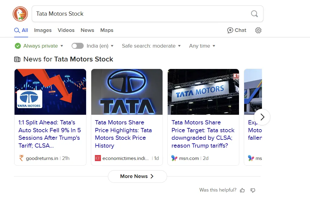 Kết quả tìm kiếm DuckDuckGo cho cổ phiếu Tata Motors chỉ trả về các liên kết web mà không có biểu đồ trực tiếp