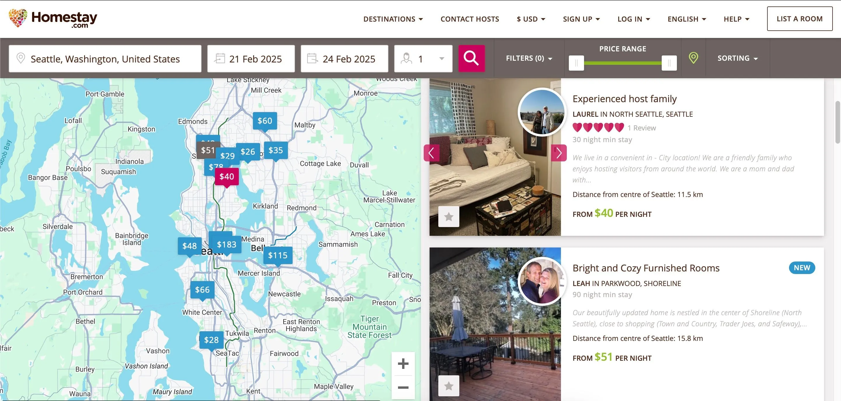 Kết quả tìm kiếm Homestay cho các căn phòng cho thuê tại Seattle, Hoa Kỳ