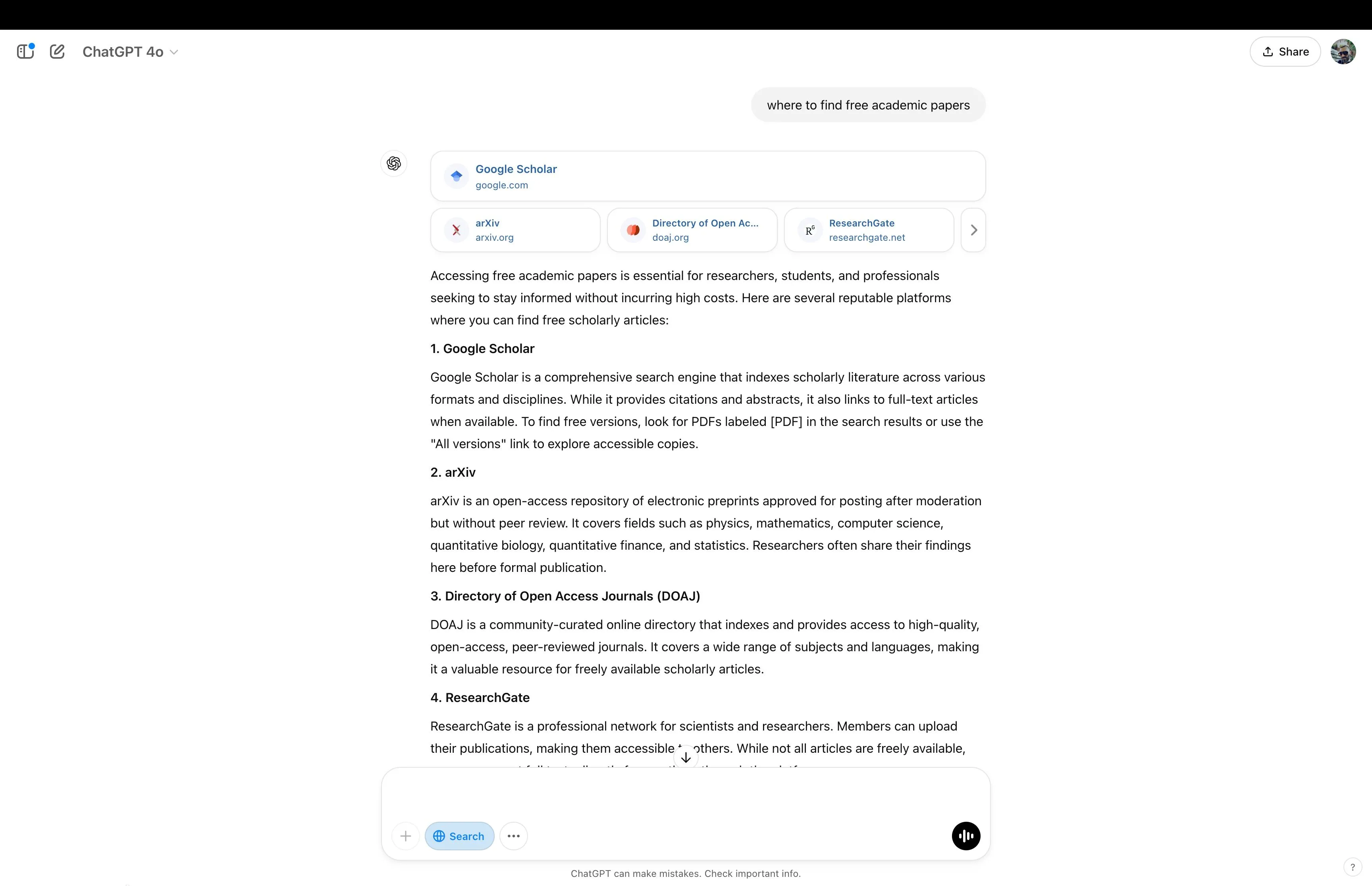 Kết quả tìm kiếm trên ChatGPT cho các nguồn tài liệu học thuật miễn phí, dẫn đến Google Scholar.
