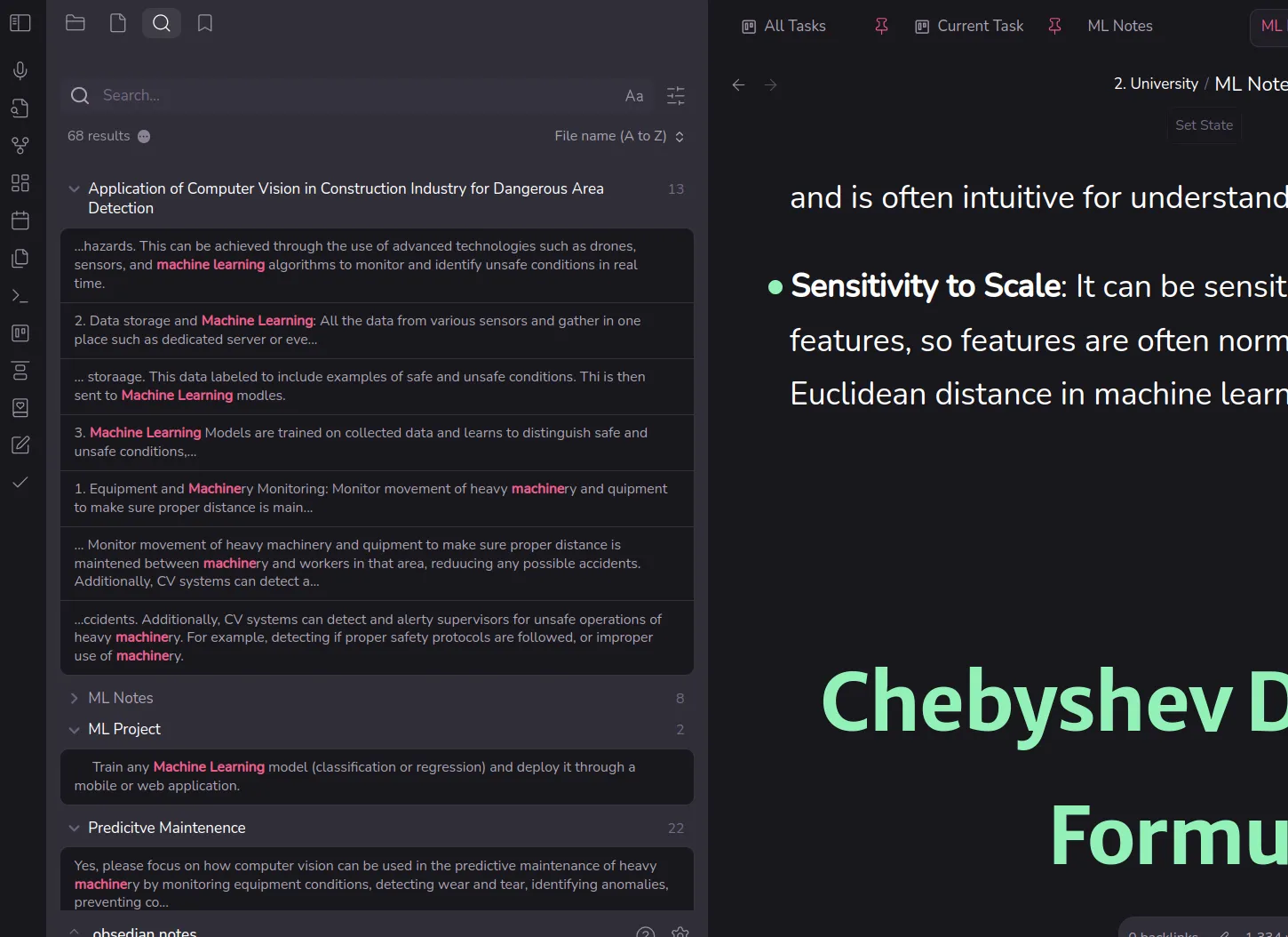 Kết quả tìm kiếm trên Obsidian cho truy vấn "Machine Learning"