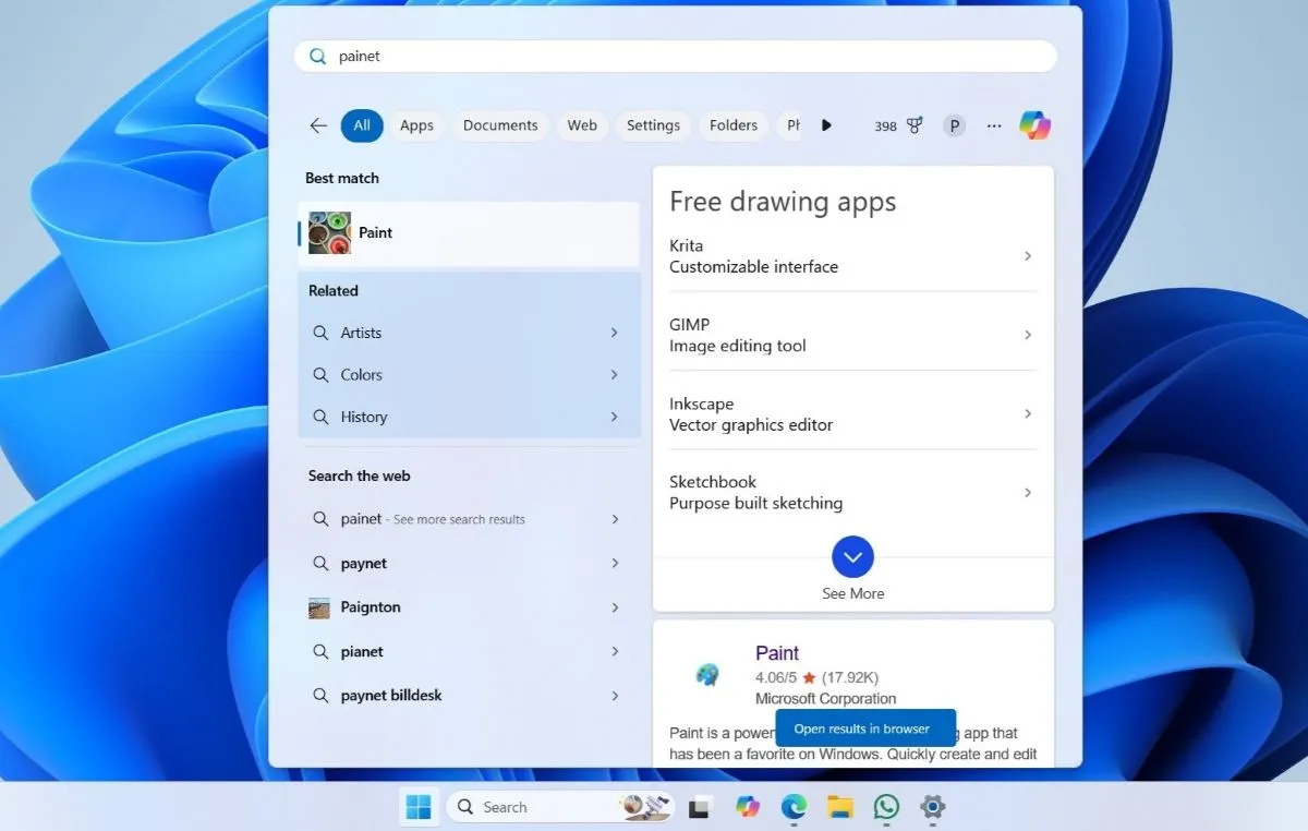 Kết quả tìm kiếm trên Start Menu của Windows 11 có tích hợp kết quả từ Bing