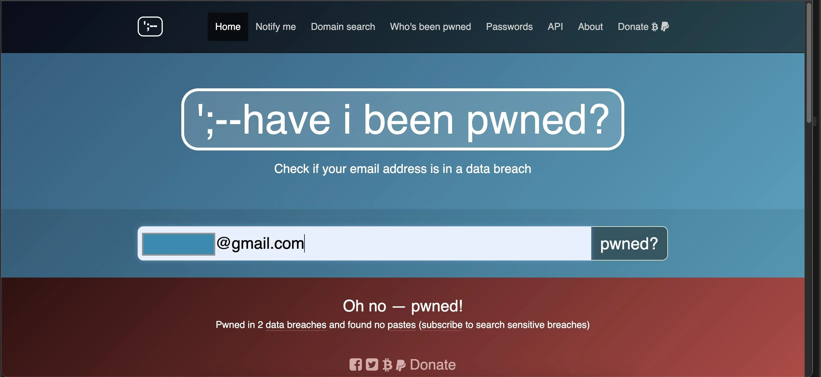 Kết quả tìm kiếm trên trang web Have I Been Pwned hiển thị cảnh báo dữ liệu bị lộ, minh họa nguy cơ thông tin bảo mật bị rò rỉ từ các vụ tấn công mạng.
