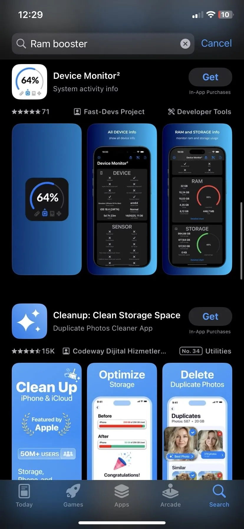 Kết quả tìm kiếm ứng dụng tăng tốc RAM trên App Store