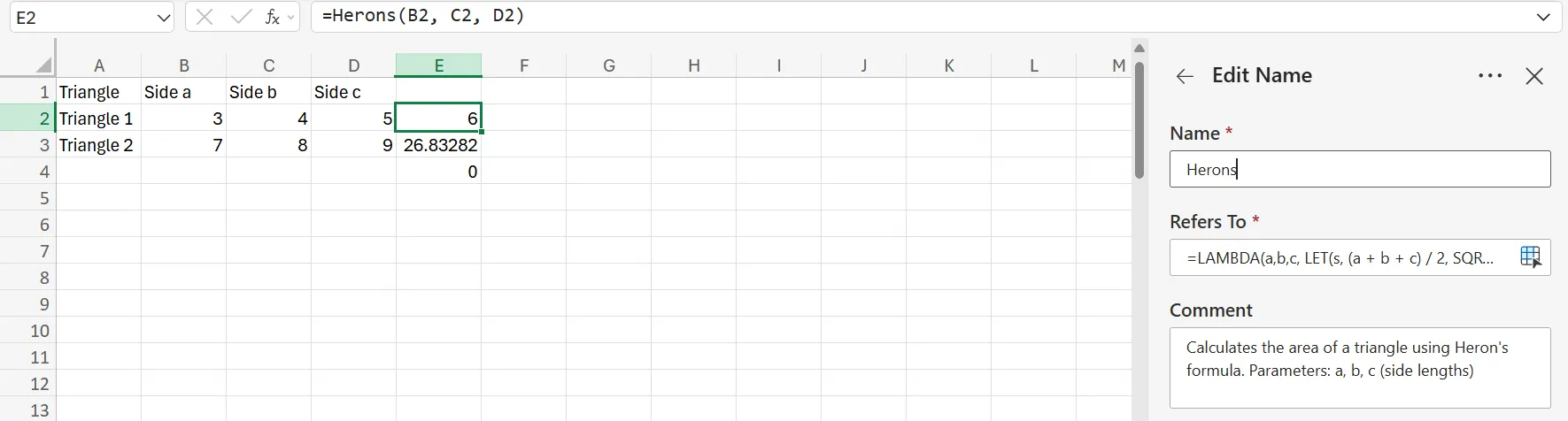 Kết quả tính diện tích tam giác bằng hàm LAMBDA và LET trong Excel