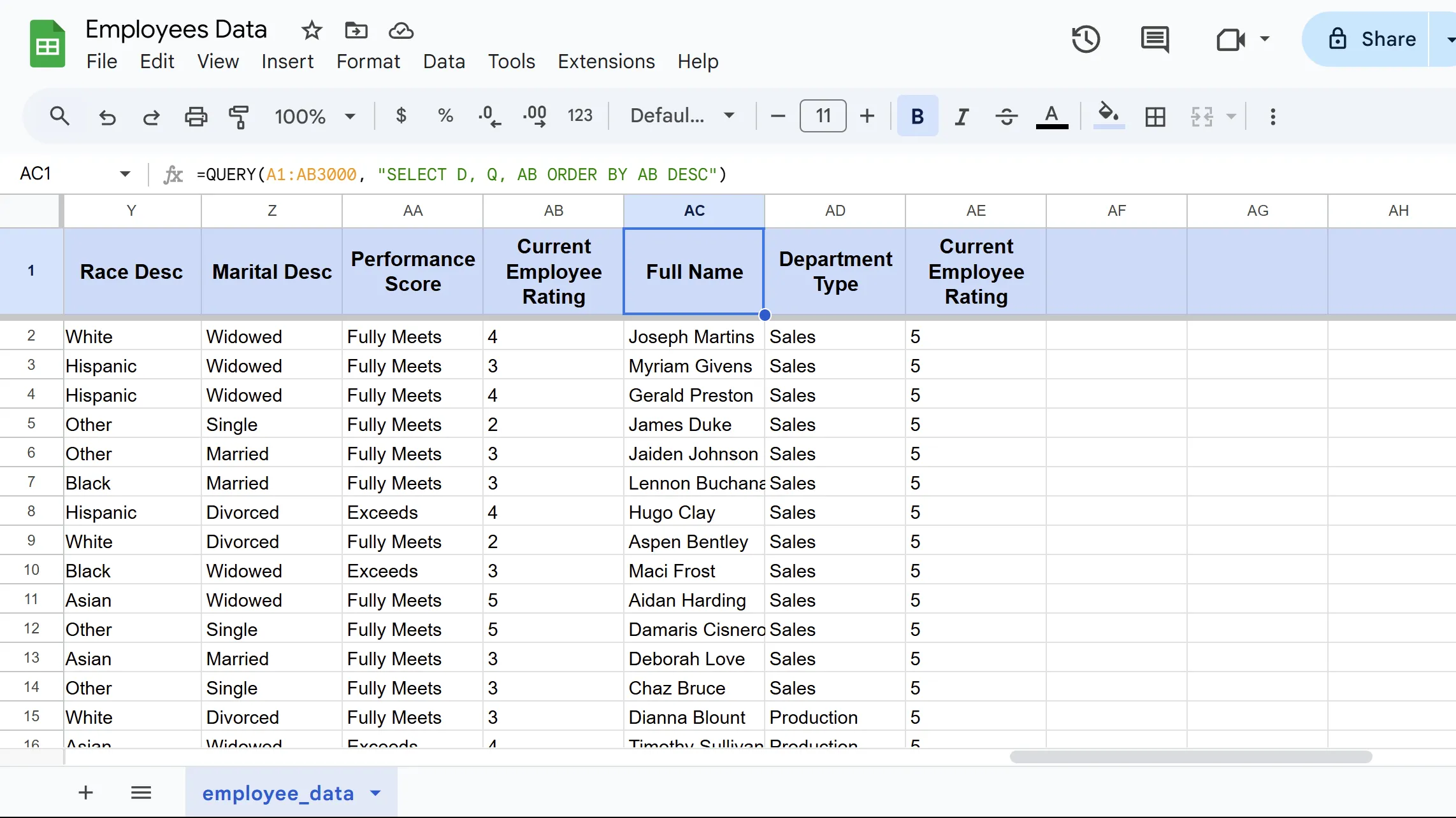 Kết quả truy vấn dữ liệu bằng hàm QUERY trong Google Sheets, hiển thị tên, phòng ban và điểm số hiệu suất