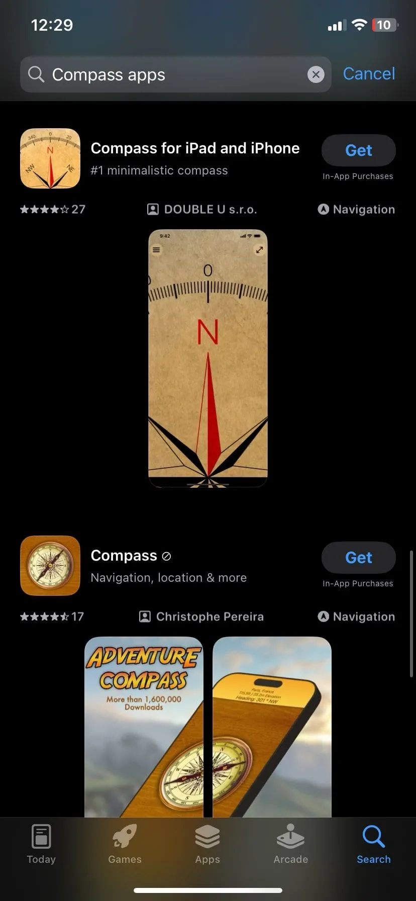 Kết quả ứng dụng la bàn trên App Store