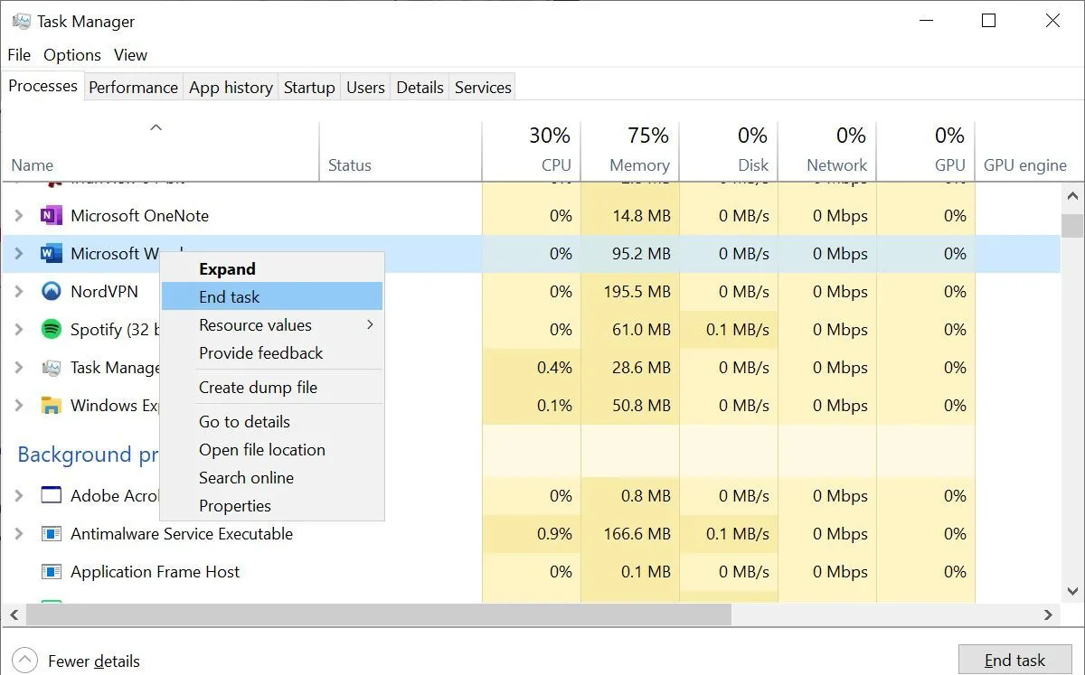 Kết thúc tác vụ trong Trình quản lý Tác vụ Windows 10 để giải phóng tệp bị khóa.