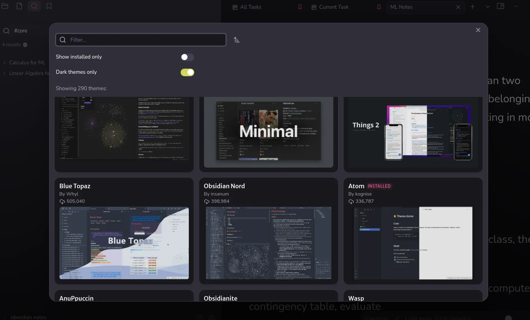 Kho giao diện (theme store) của Obsidian cung cấp nhiều tùy chọn cá nhân hóa