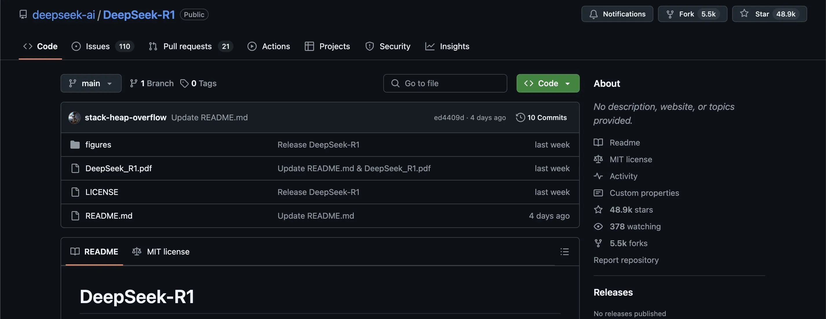 Kho lưu trữ mã nguồn DeepSeek trên GitHub, minh họa tính chất mã nguồn mở của mô hình AI.