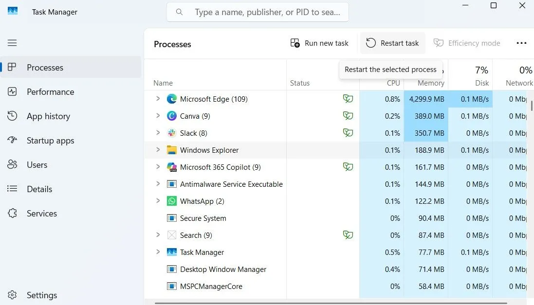 Khởi động lại tiến trình Windows Explorer từ Task Manager để sửa lỗi Start Menu