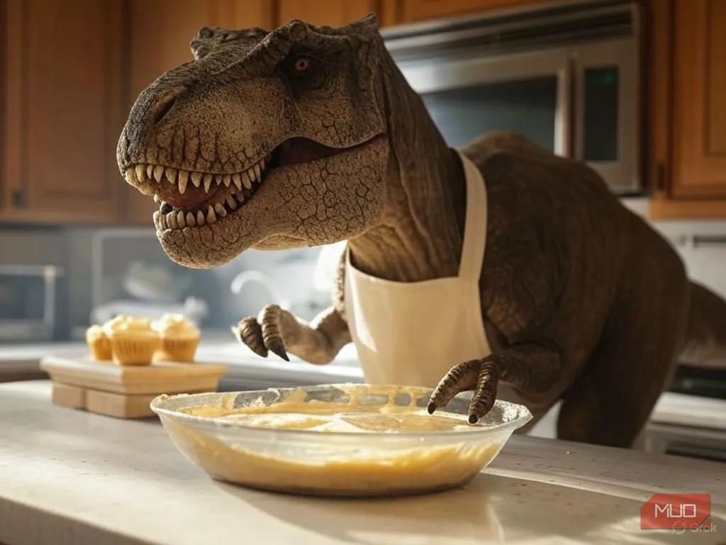Khủng long T. rex đội tạp dề đầu bếp đang nướng bánh cupcake, ví dụ điển hình về sự linh hoạt của mô hình tạo ảnh Grok AI Aurora
