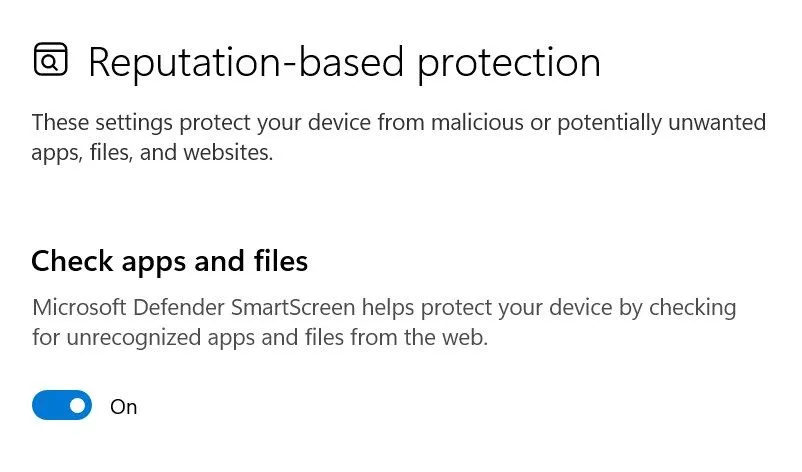 Kiểm tra cài đặt bộ lọc SmartScreen trong ứng dụng Cài đặt của Windows