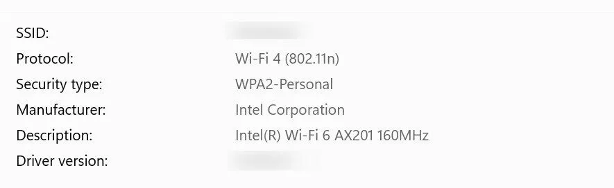 Kiểm tra giao thức mã hóa bảo mật của mạng Wi-Fi trong cài đặt Windows.