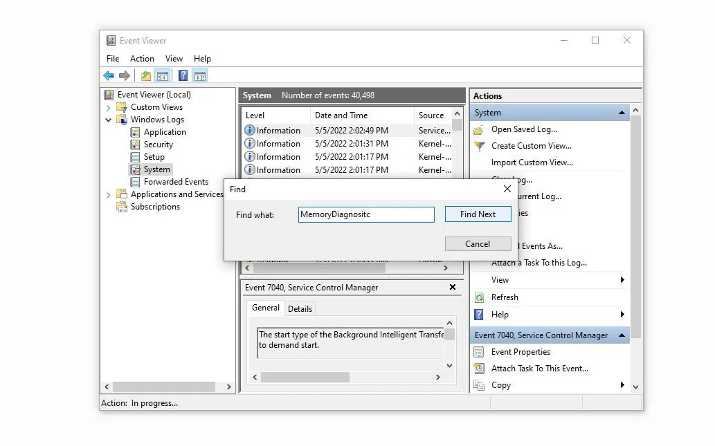 Kiểm tra kết quả chẩn đoán bộ nhớ RAM thông qua Event Viewer trên Windows 10 để xác định lỗi RAM.