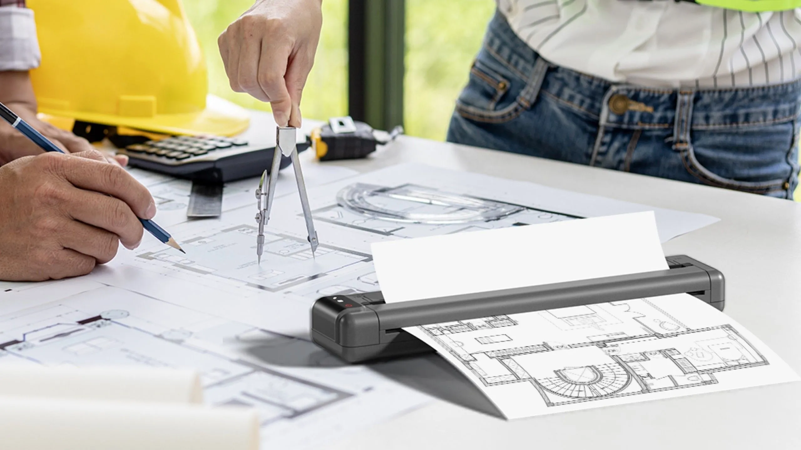 Kiến trúc sư in bản thiết kế bằng máy in không mực Phomemo Q302, thể hiện sự tiện lợi