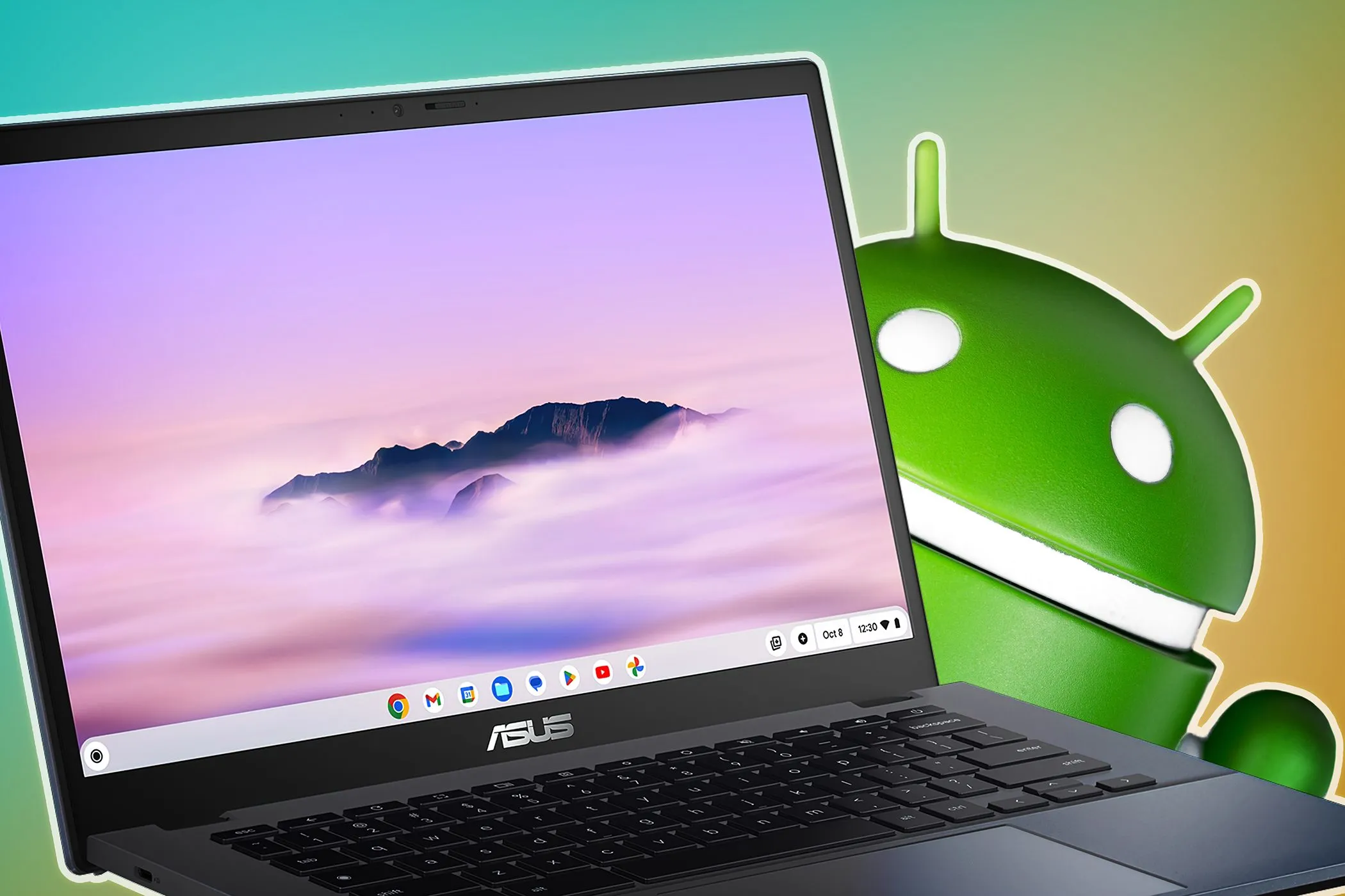 Laptop ASUS Chromebook với logo Android và Linux, minh họa khả năng chạy ứng dụng Android và hỗ trợ môi trường Linux