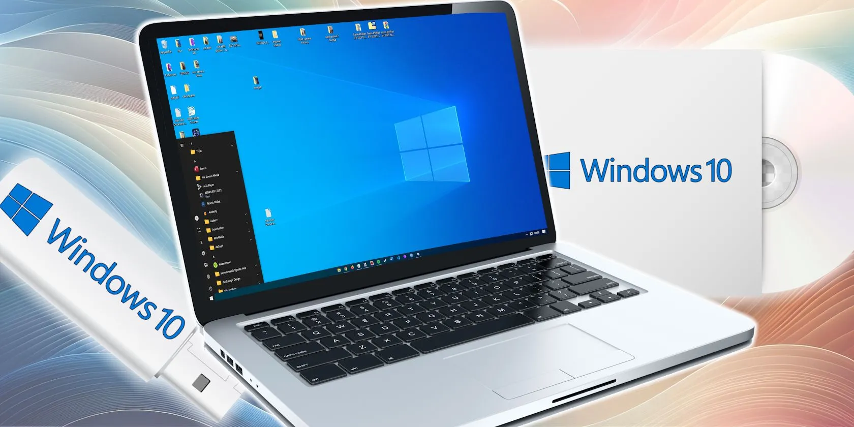 Laptop chạy Windows 10 cùng đĩa cài đặt và USB - biểu tượng của việc sắp hết hỗ trợ và cần nâng cấp hệ điều hành.