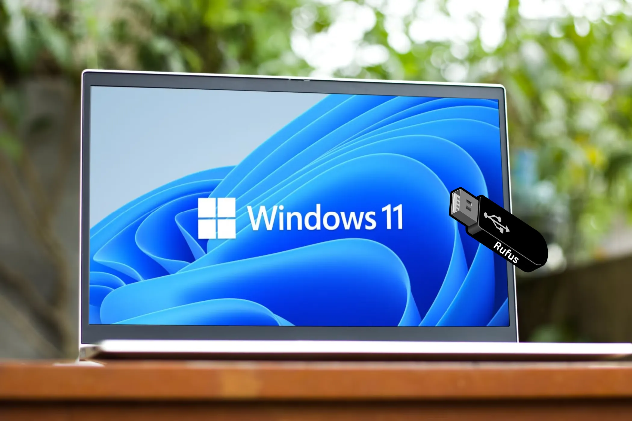 Laptop hiển thị logo Windows 11 và USB cài đặt Rufus, minh họa việc cài đặt Windows 11 trên phần cứng không tương thích.