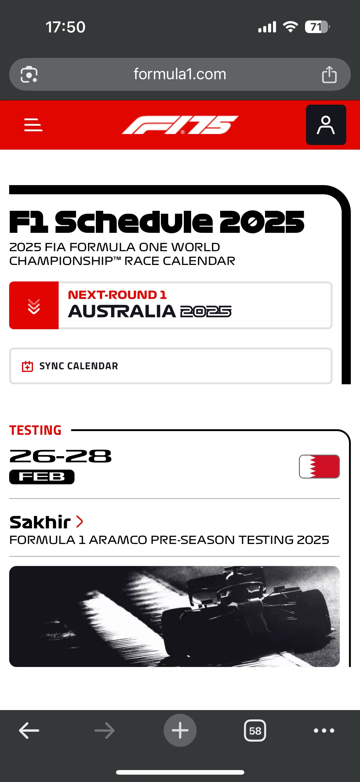 Lịch thi đấu F1 hiển thị trên trình duyệt iPhone, sẵn sàng để đăng ký lịch Apple Calendar