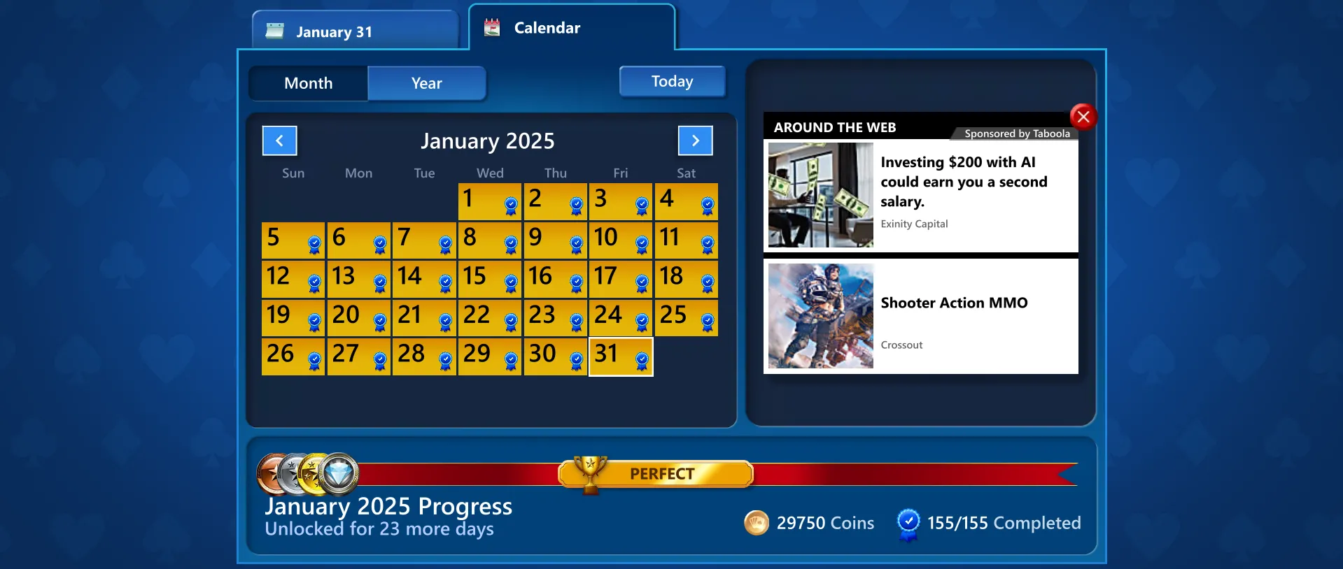 Lịch thử thách hàng ngày của Microsoft Solitaire cho phép bạn quay lại hoàn thành các nhiệm vụ đã bỏ lỡ, minh họa khả năng khôi phục chuỗi năng suất.