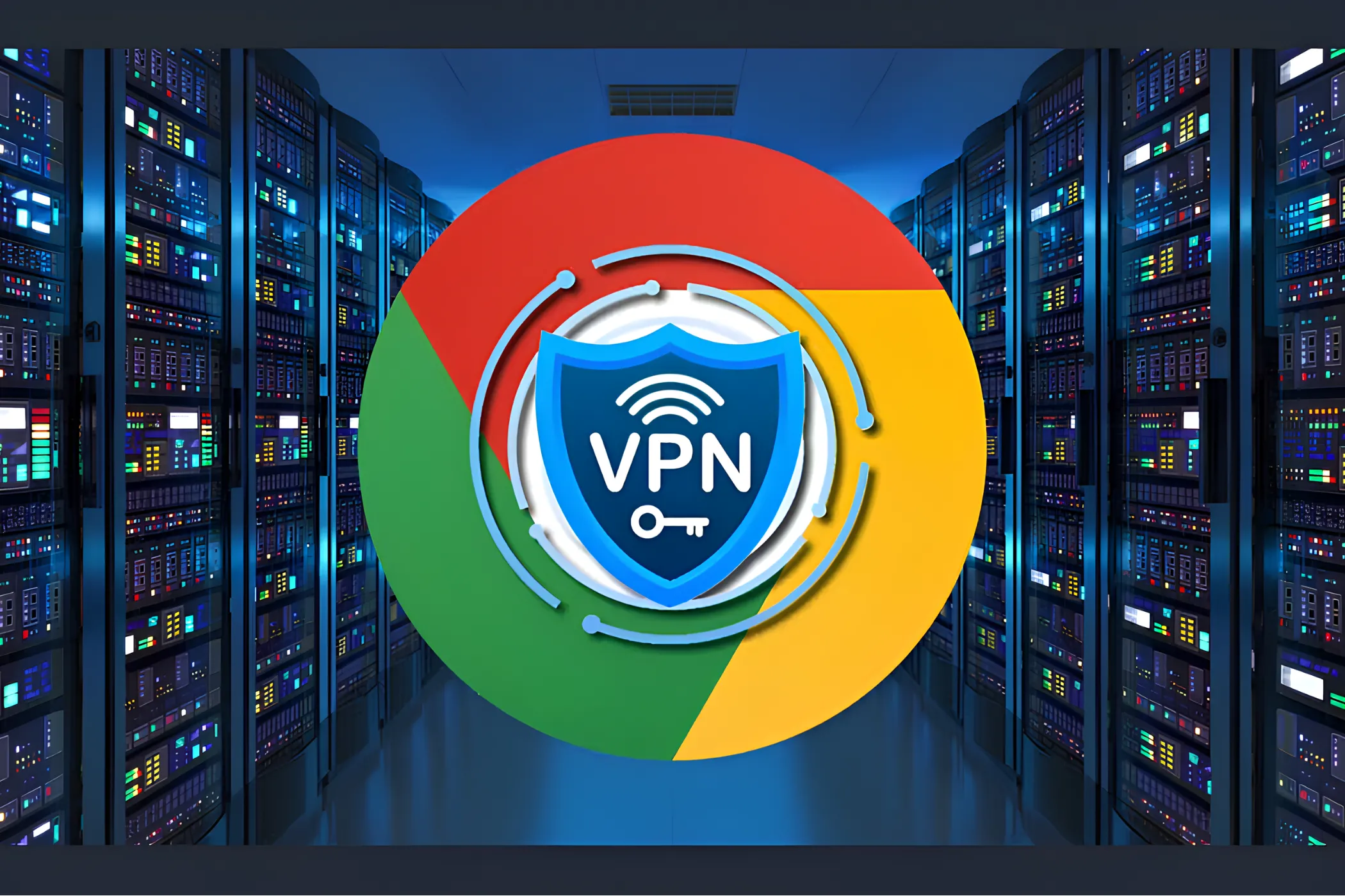 Logo trình duyệt Google Chrome kèm biểu tượng VPN trên nền phòng máy chủ, tượng trưng cho kết nối an toàn và bảo mật dữ liệu khi duyệt web, đặc biệt là lúc mua sắm trực tuyến.