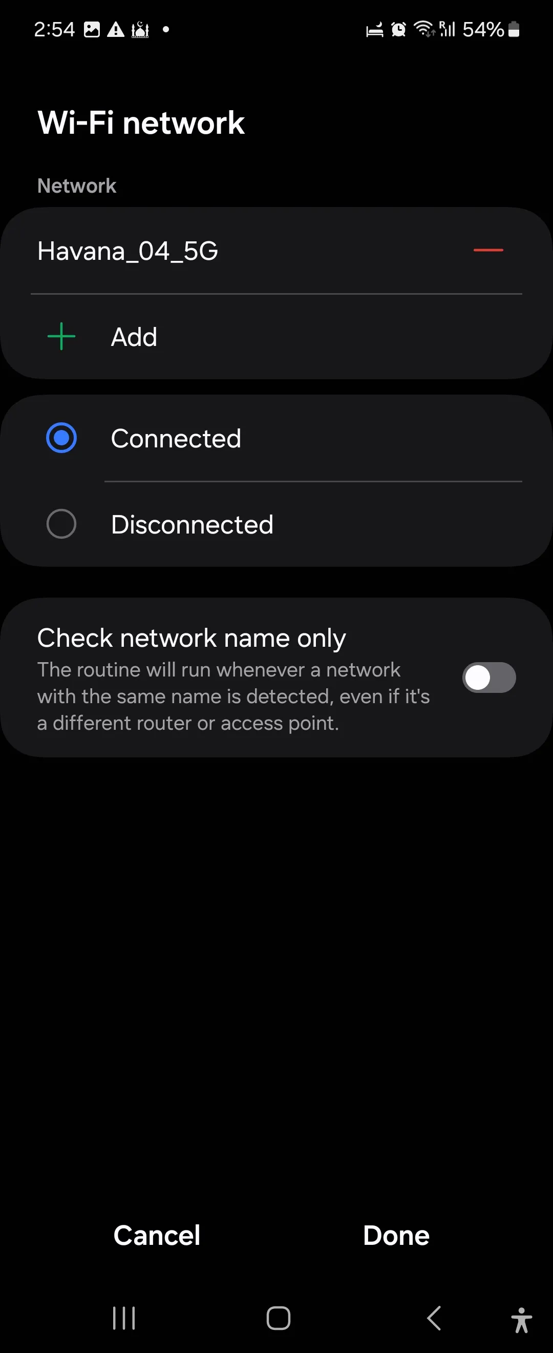 Lựa chọn mạng Wi-Fi làm điều kiện kích hoạt thói quen trong ứng dụng Chế độ và Thói quen Samsung