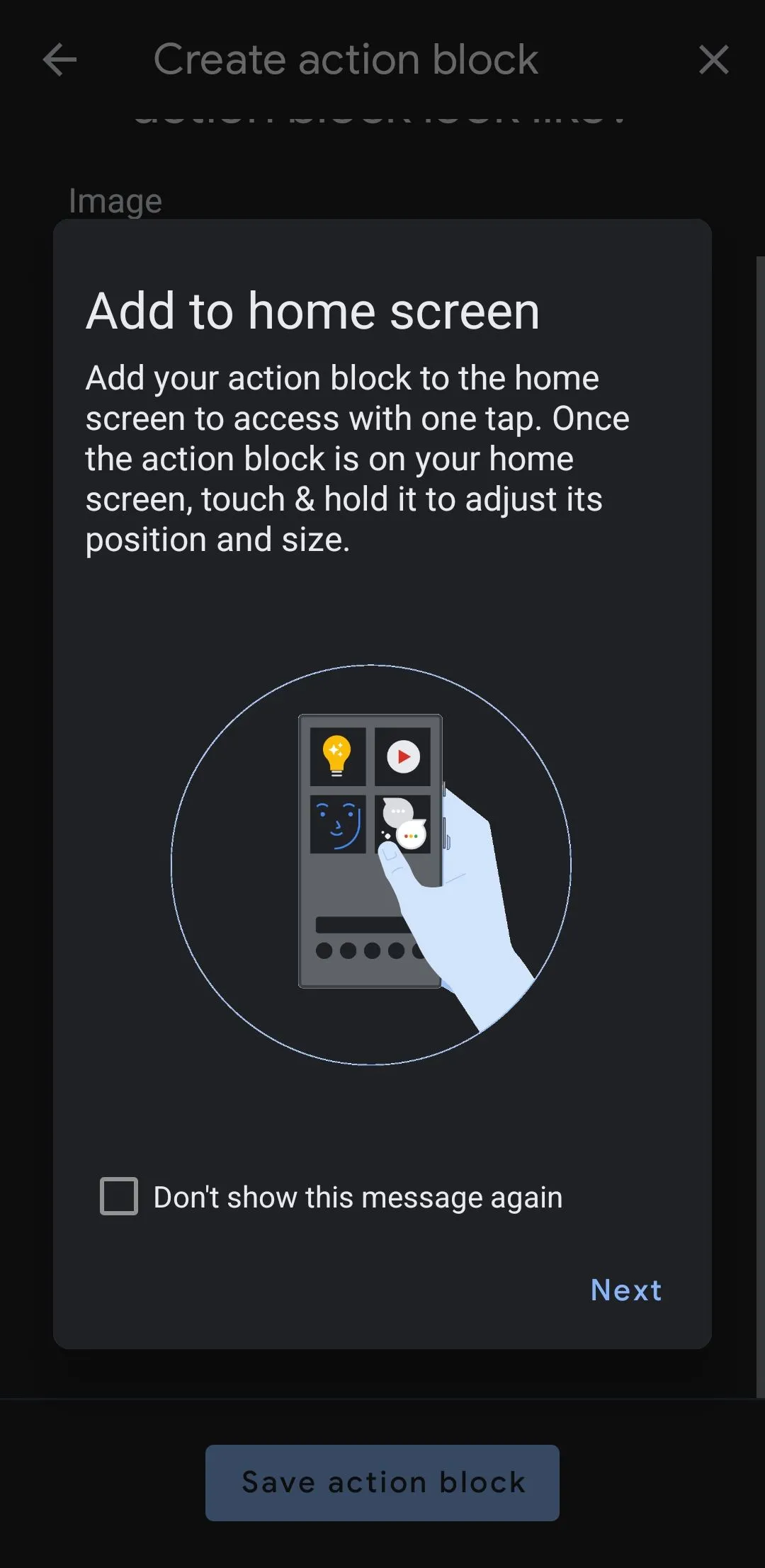 Màn hình &quot;Add to Home Screen&quot; trong ứng dụng Action Blocks trên điện thoại Android