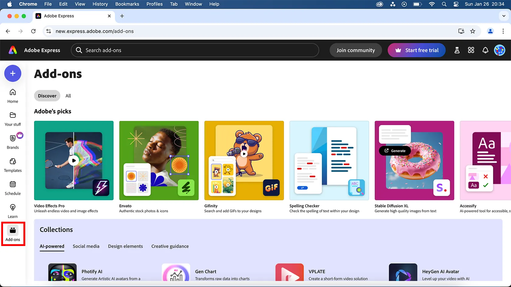 Màn hình Adobe Express trên trình duyệt web cho thấy các Add-Ons khả dụng