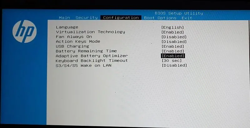 Màn hình BIOS laptop HP với tùy chọn bật Trình tối ưu hóa pin thích ứng