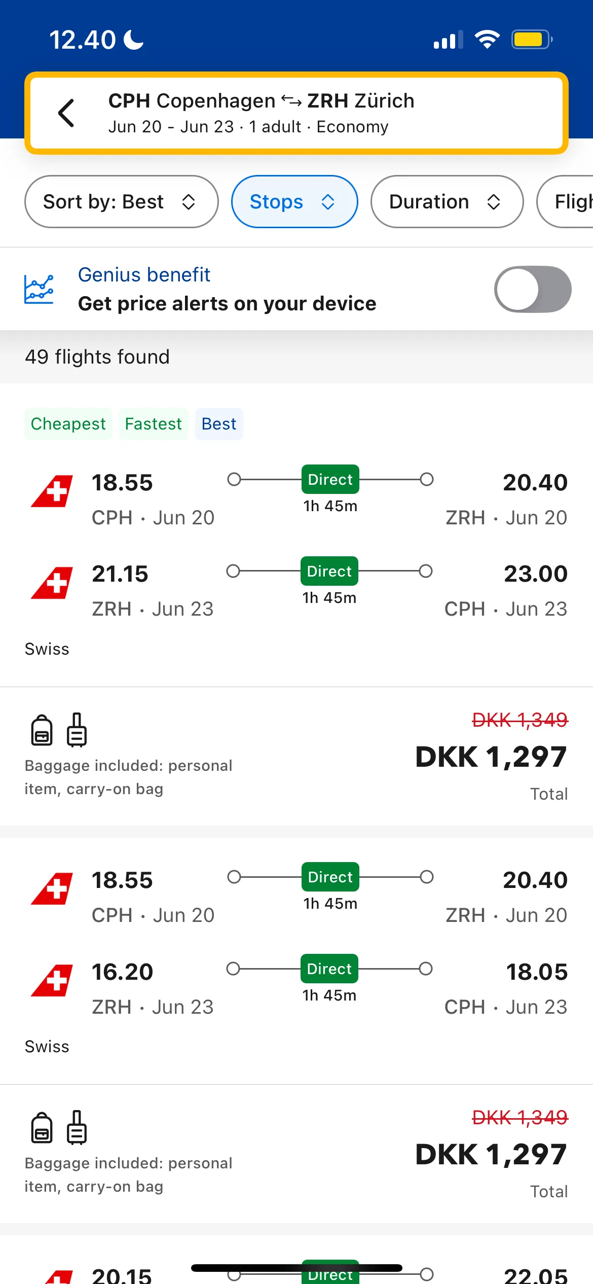 Màn hình Booking.com hiển thị các kết quả tìm kiếm chuyến bay với nhiều lựa chọn.